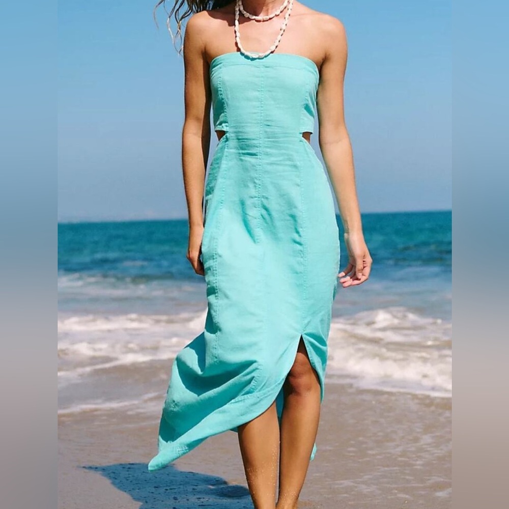 Free People Ciao Linen Blend Turquoise Strapless Midi Dress